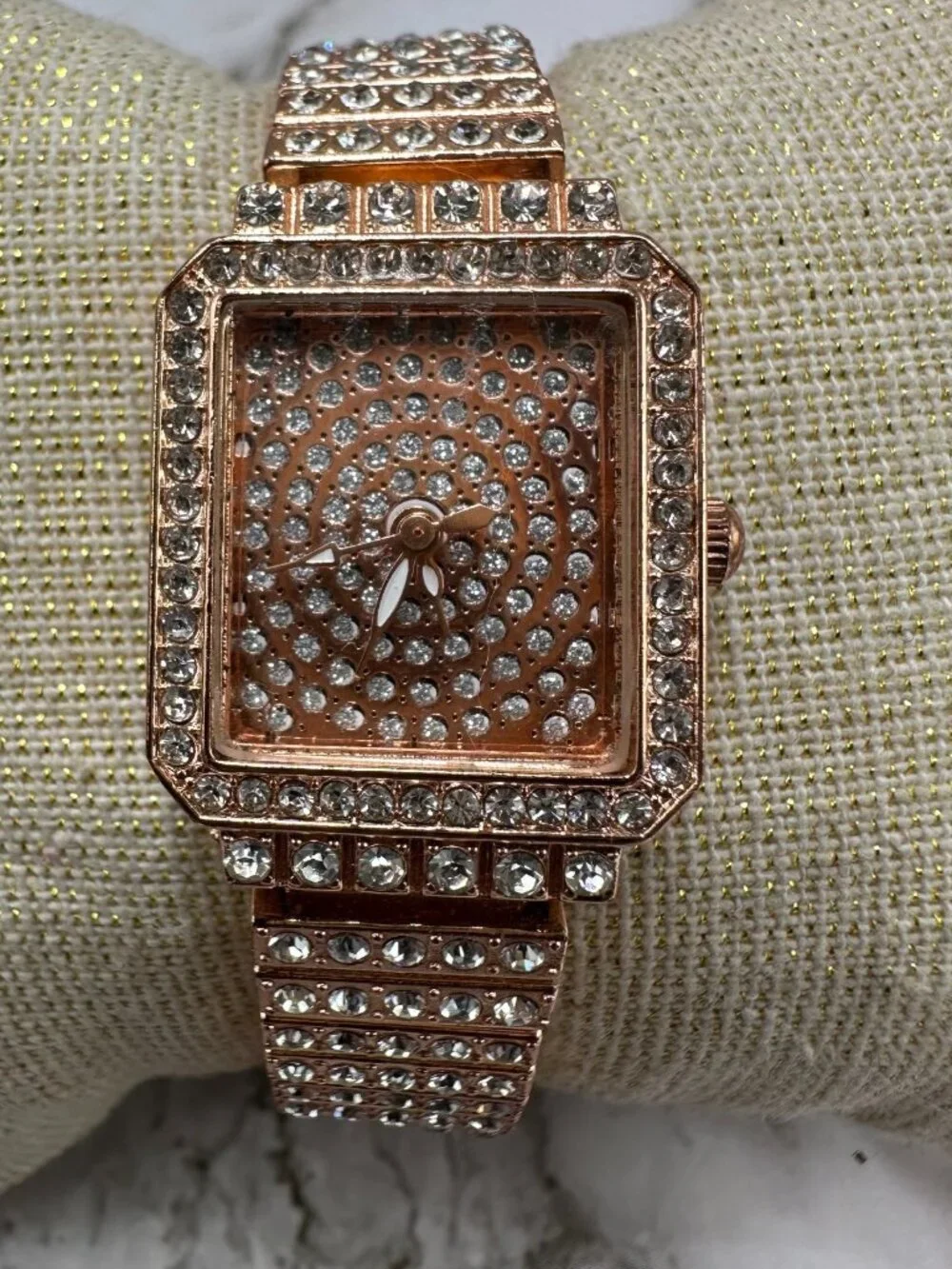 Rose Gold Tone Rhinestone Watch Womens Square Dial 20MM New Battery 6.5 Inch